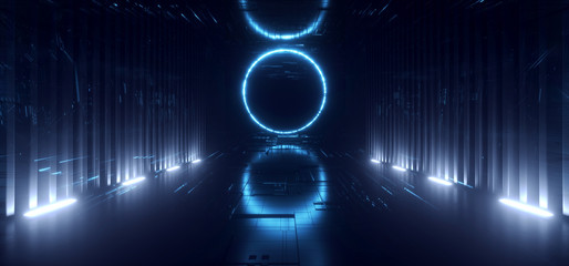 Sci Fi Neon Laser Circle Glowing Sci Fi Futuristic Cyber Blue Vibrant Virtual Spaceship Tunnel Corridor Dark Night Showroom Hallway Garage Underground 3D Rendering