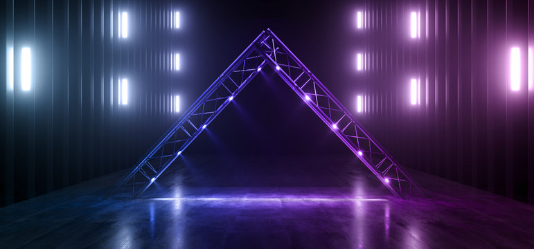 Neon Retro Sci Fi Modern Futuristic Purple Blue Stage Triangle Metal Construction Hallway Podium Catwalk Path Gate Arc Dark Club Dance Underground Garage 3D REndering © IM_VISUALS
