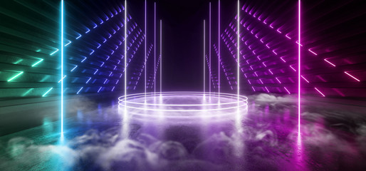 Smoke Fog Podium Sci Fi Cyber Stage Circle Showroom Garage Neon Laser Vibrant Blue Purple Glowing Reflective Concrete Dark Night Club Dance Futuristic 3D Rendering