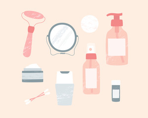 Beauty set of facial cosmetics. Cleansing gel, cotton buds, spray, tonic, cream, massager, mirror. Vector isolated illustration.