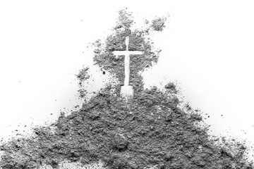 Golgotha hill on Good Friday with cross of and passion of Jesus Christ drawing made in ash, sand or...
