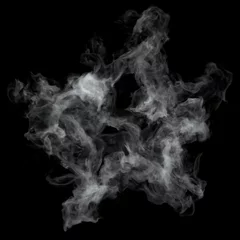 Zelfklevend Fotobehang White cloud burst texture isolated on black background. Steam explosion special effect. Realistic thick smoke Puff. © KanaStudio