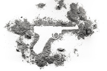 Luger pistol hand gun weapon silhouette drawing in ash, dust, dirt as world war II historic nazi...