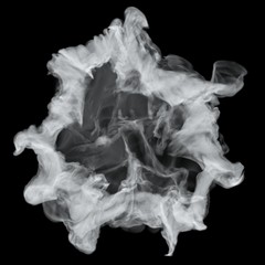 White cloud burst texture isolated on black background. Steam explosion special effect. Realistic thick smoke Puff.