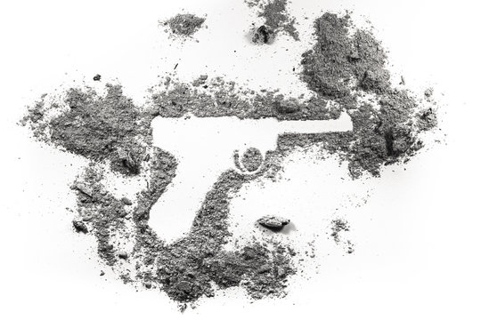 Luger pistol hand gun weapon silhouette drawing in ash, dust, dirt as world war II historic nazi germany military firearm concept