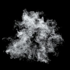 White cloud burst texture isolated on black background. Steam explosion special effect. Realistic thick smoke Puff.