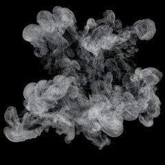 White cloud burst texture isolated on black background. Steam explosion special effect. Realistic thick smoke Puff.