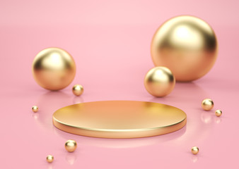 Gold pedestal with gold spheres scattered around, in pink studio. 3D render