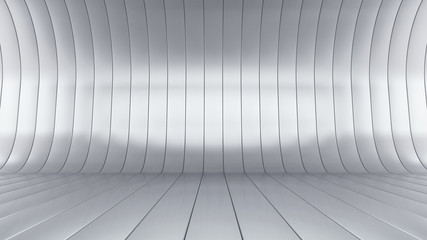 Empty abstract industrial background of curved metal stripes. 3D render
