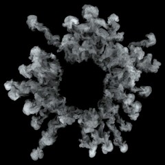 White cloud burst texture isolated on black background. Steam explosion special effect. Realistic thick smoke Puff.