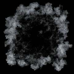 White cloud burst texture isolated on black background. Steam explosion special effect. Realistic thick smoke Puff.
