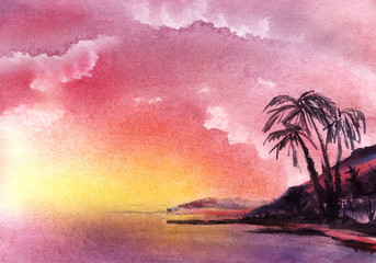 Romantic watercolor summer tropical landscape Gradient background from Violet pink to yellow Vanilla sky clouds. Exotic Islands palm trees on shore. Idyllic sunset or sunrise Hand drawn illustration