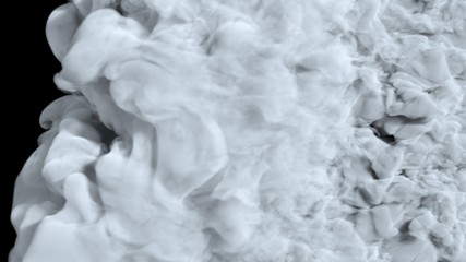 White water vapor steam on a black background. Realistic dry smoke clouds fog overlay. Simply drop it in and change its blending mode to screen or add.