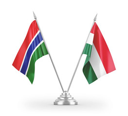 Hungary and Gambia table flags isolated on white 3D rendering