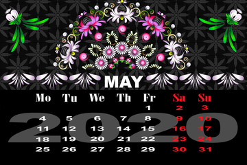 Calendar decorative flowers folk. Decorative floral pattern. Design element set.May2020