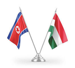 Hungary and North Korea table flags isolated on white 3D rendering