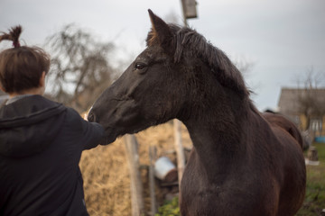 A girl with a short haircut stroking a horse in the face.