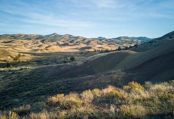 Incredible gold and red hills of clay fossil beds in a semi desert mountain valley on a sunny day of the painted cove trail at the john day fossil beds in Oregon