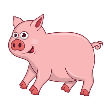 Cute Young Pig isolated on white background. Farm animal cartoon character. Education card for kids learning animals. Logic Games for Kids. Vector illustration in cartoon style.