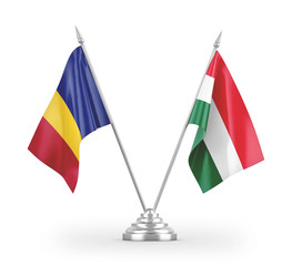 Hungary and Romania table flags isolated on white 3D rendering