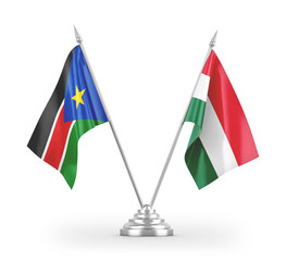 Hungary and South Sudan table flags isolated on white 3D rendering