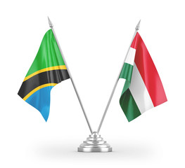 Hungary and Tanzania table flags isolated on white 3D rendering