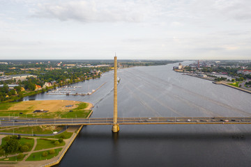 RIGA, LATVIA - August 28, 2017: The Vansu Bridge in Riga is a cable-stayed bridge that crosses the...