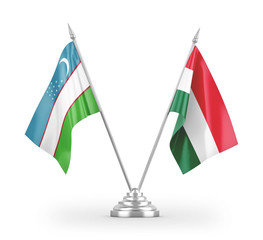 Hungary and Uzbekistan table flags isolated on white 3D rendering