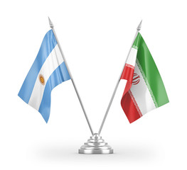 Iran and Argentina table flags isolated on white 3D rendering