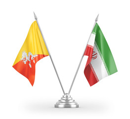 Iran and Bhutan table flags isolated on white 3D rendering