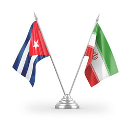 Iran and Cuba table flags isolated on white 3D rendering