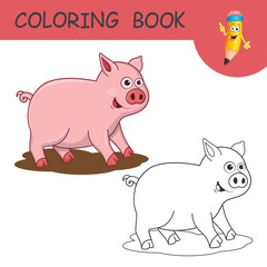 Coloring the Cute Cartoon pink Pig. Coloring book or page cartoon of funny pig for kids. Cute colorful farm animal as an example for coloring book. Practice worksheet for preschool and kindergarten.