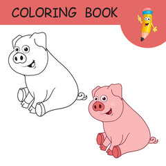 Coloring book or page cartoon illustration of funny pig. Cute colorful farm animalas an example for coloring book. Practice worksheet for preschool and kindergarten. Educational game for kids.