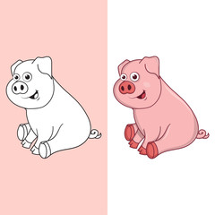 Coloring book or page cartoon illustration of funny pig. Cute colorful farm animalas an example for coloring book. Practice worksheet for preschool and kindergarten. Educational game for kids.