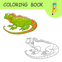 Coloring Cute Cartoon Iguana. Coloring book or page cartoon of funny Reptile for kids. Cute colorful fauna animal as an example for coloring book. Practice worksheet for school and kindergarten.Vector