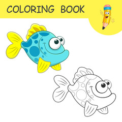 Sea fish. Coloring book or page cartoon of funny Sea Fish for kids. Cute colorful cartoon fish as an example for coloring book. Practice worksheet for preschool and kindergarten. Vector illustration