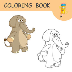 Coloring page outline of cartoon funny Elephant. Cute colorful Elephant as an example for coloring book. Practice worksheet for school and kindergarten. Educational game for kids. Vector illustration