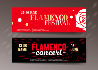 Set of two horizontal flamenco banner templates with graphic elements and text.  - obrazy, fototapety, plakaty