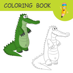 Coloring Cute Cartoon Crocodile. Coloring book or page cartoon of funny Alligator for kids. Cute colorful wild animal as an example for coloring book. Practice worksheet for school and kindergarten.