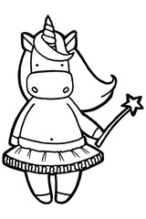 Vector illustration. Hand drawing cartoon unicorn. Fairy unicorn in a tutu with a magic wand in his hand. Isolated on white. Minimalistic design. Black lines. Cute character. Coloring page. The origin