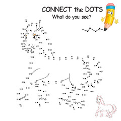 Connect the dots by numbers to draw the animal. Dot to dot Education Game and Coloring Page with cartoon cute Horse character. Logic Games for Kids. Education card for kids learning counting number.