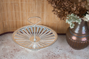 Antique silver serving dish with ring handle