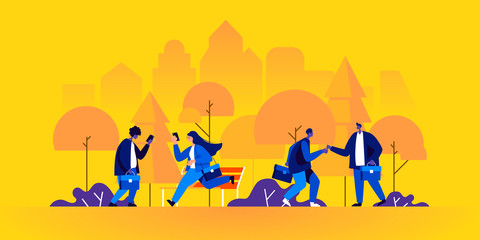 Business people or clerks with briefcases walking or running along city street. Businessmen and businesswomen meeting in park, greeting each other and shaking hands. Flat cartoon vector illustration.