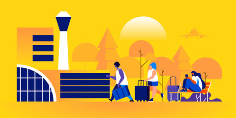 People with suitcases walking towards airport terminal building or sitting outside on bench. Tourists or travelers with baggage waiting for flight departure. Modern flat cartoon vector illustration.