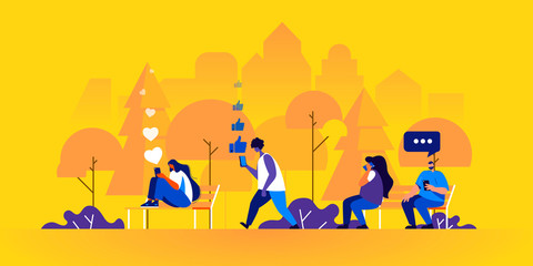 People spending time on social networks using their electronic gadgets or talking on phone in park. Young men and women sending internet messages via smartphones. Flat cartoon vector illustration.