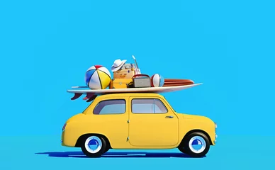 Wall murals Cartoon cars Small retro car with baggage, luggage and beach equipment on the roof, fully packed, ready for summer vacation, cartoon concept of a road trip, blue background and bright yellow car