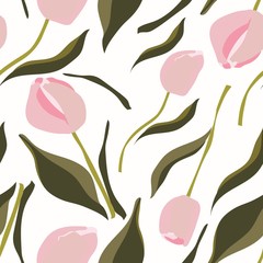 Seamless pattern of pink tulips branches isolated on white background. Stock vector illustration.