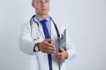 Friendly male doctor with open hand ready for hugging