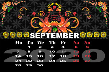 Calendar decorative flowers folk. Decorative floral pattern. Design element set.September2020