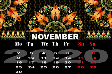 Calendar decorative flowers folk. Decorative floral pattern. Design element set.November2020
